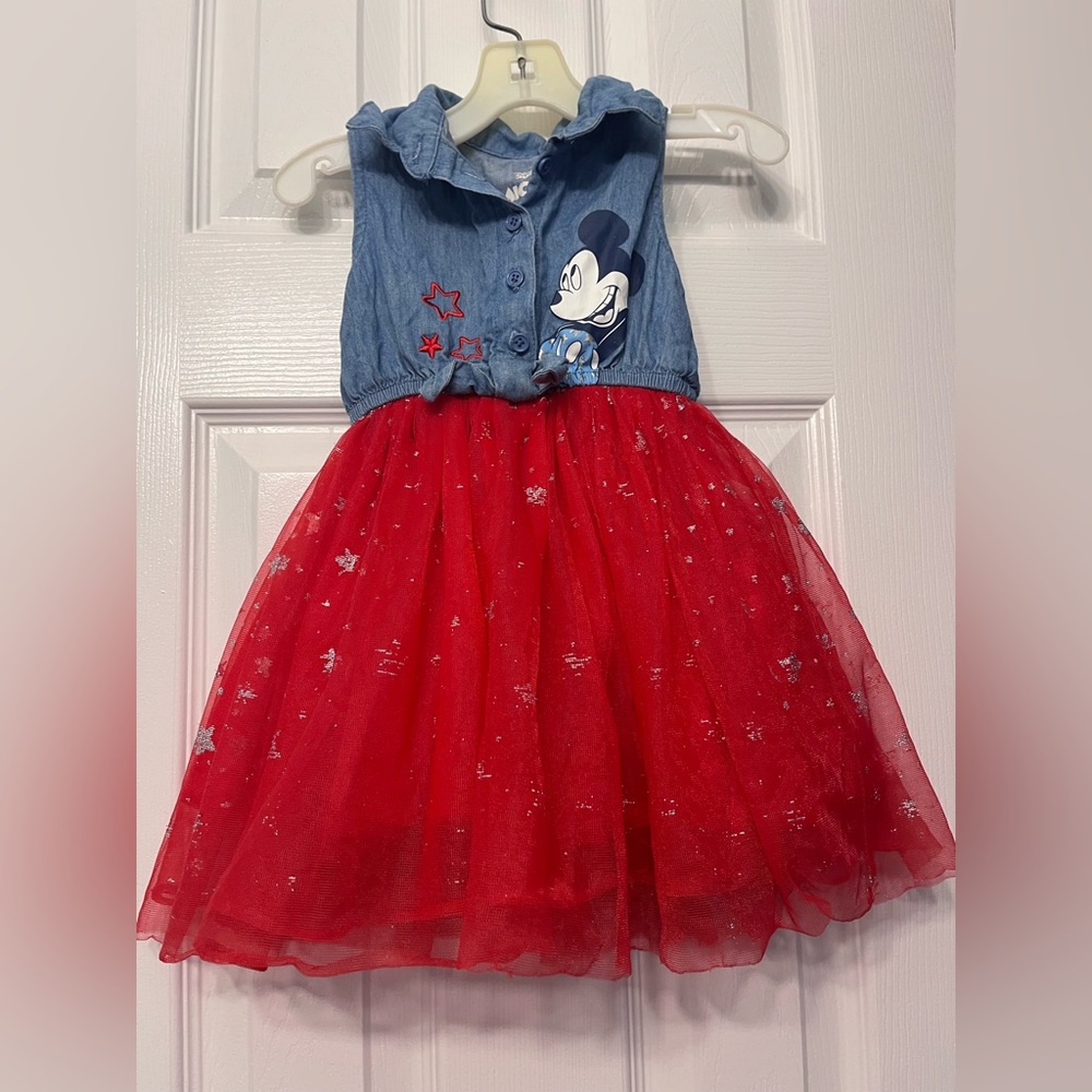 Girls Mickey Dress - Faux Denim Top w Tie and Red Tulle Skirt - Toddler - Sz 18m